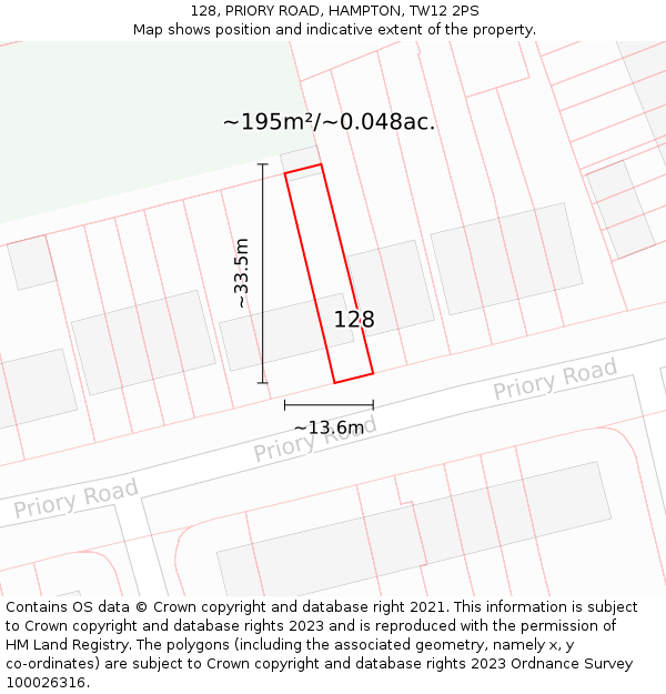128, PRIORY ROAD, HAMPTON, TW12 2PS: Plot and title map