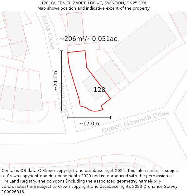 128, QUEEN ELIZABETH DRIVE, SWINDON, SN25 1XA: Plot and title map