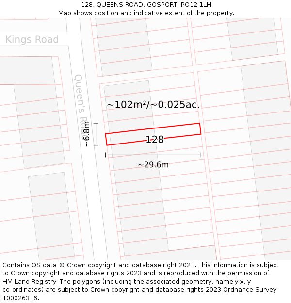 128, QUEENS ROAD, GOSPORT, PO12 1LH: Plot and title map