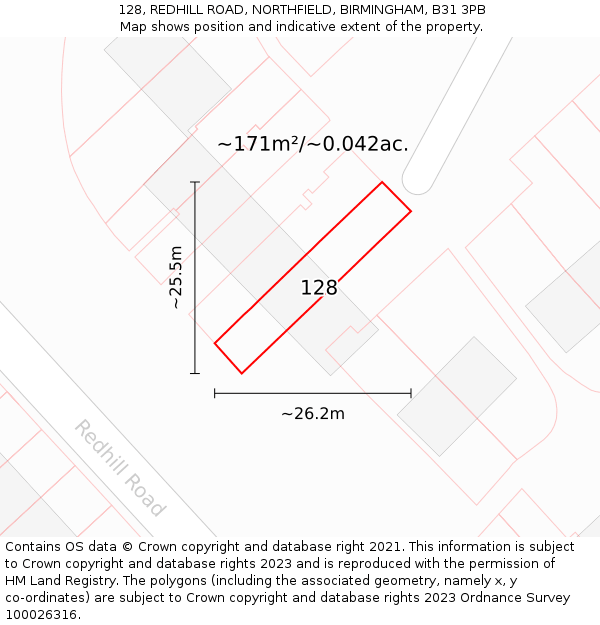 128, REDHILL ROAD, NORTHFIELD, BIRMINGHAM, B31 3PB: Plot and title map
