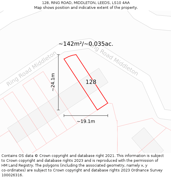 128, RING ROAD, MIDDLETON, LEEDS, LS10 4AA: Plot and title map