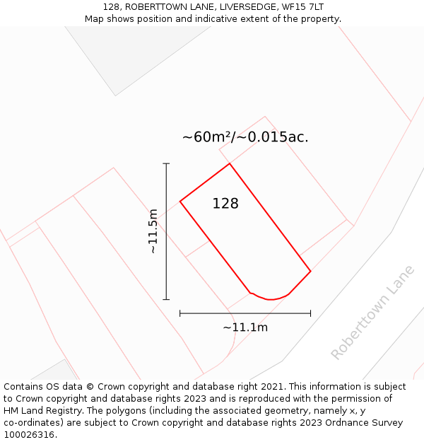 128, ROBERTTOWN LANE, LIVERSEDGE, WF15 7LT: Plot and title map