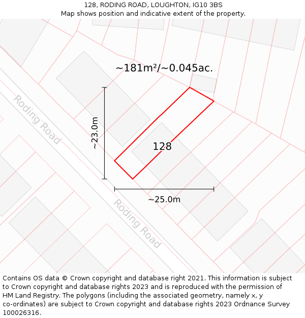 128, RODING ROAD, LOUGHTON, IG10 3BS: Plot and title map