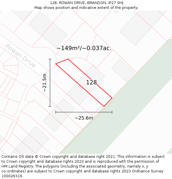 128, ROWAN DRIVE, BRANDON, IP27 0HJ: Plot and title map