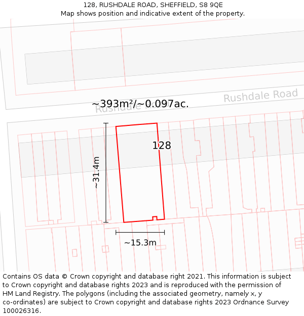 128, RUSHDALE ROAD, SHEFFIELD, S8 9QE: Plot and title map