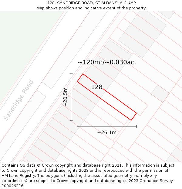 128, SANDRIDGE ROAD, ST ALBANS, AL1 4AP: Plot and title map