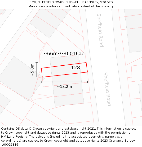 128, SHEFFIELD ROAD, BIRDWELL, BARNSLEY, S70 5TD: Plot and title map