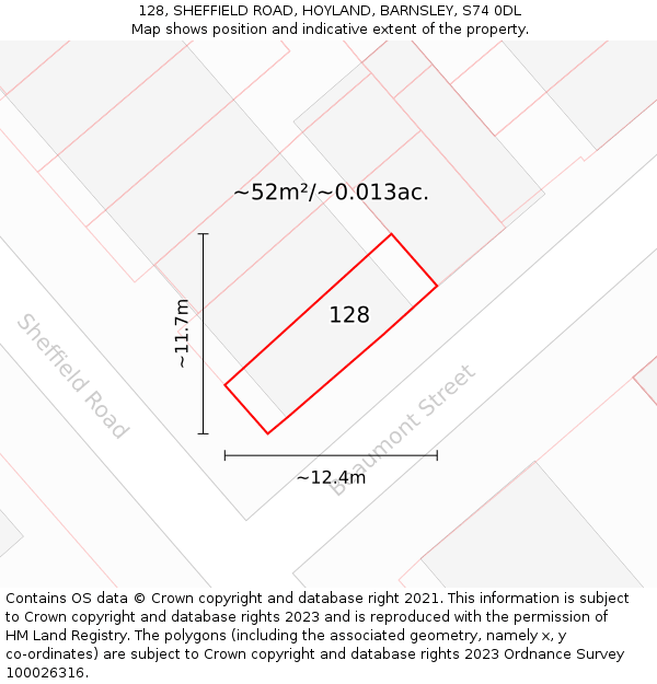 128, SHEFFIELD ROAD, HOYLAND, BARNSLEY, S74 0DL: Plot and title map
