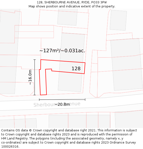 128, SHERBOURNE AVENUE, RYDE, PO33 3PW: Plot and title map