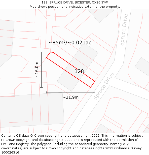 128, SPRUCE DRIVE, BICESTER, OX26 3YW: Plot and title map