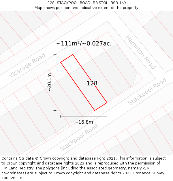 128, STACKPOOL ROAD, BRISTOL, BS3 1NY: Plot and title map
