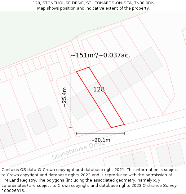 128, STONEHOUSE DRIVE, ST LEONARDS-ON-SEA, TN38 9DN: Plot and title map