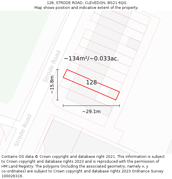 128, STRODE ROAD, CLEVEDON, BS21 6QG: Plot and title map