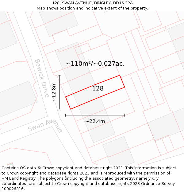 128, SWAN AVENUE, BINGLEY, BD16 3PA: Plot and title map