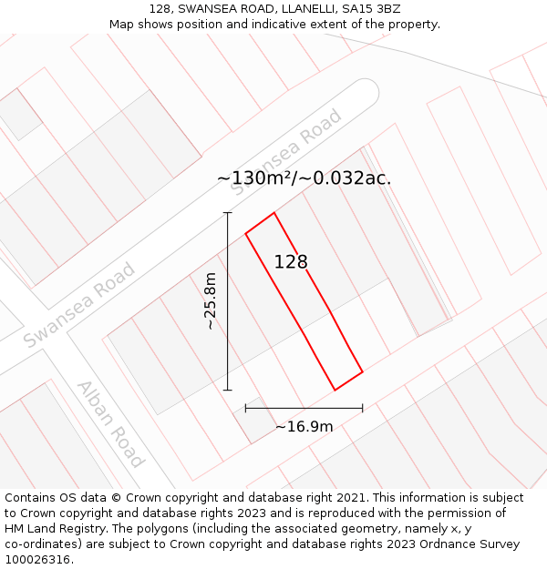 128, SWANSEA ROAD, LLANELLI, SA15 3BZ: Plot and title map