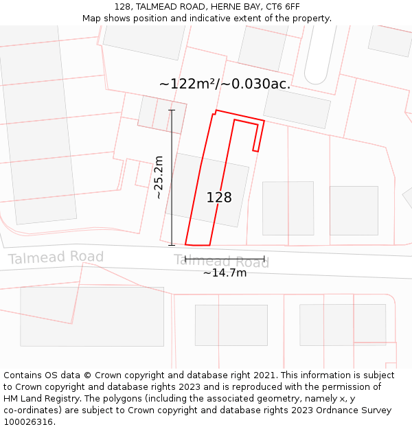 128, TALMEAD ROAD, HERNE BAY, CT6 6FF: Plot and title map