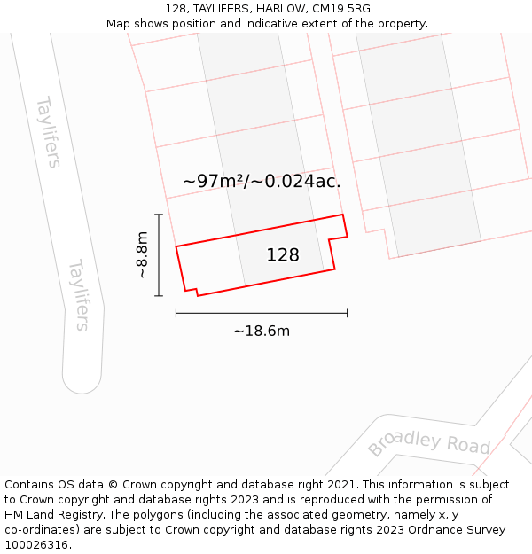 128, TAYLIFERS, HARLOW, CM19 5RG: Plot and title map