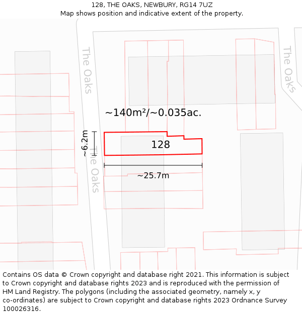 128, THE OAKS, NEWBURY, RG14 7UZ: Plot and title map