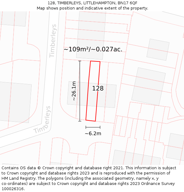 128, TIMBERLEYS, LITTLEHAMPTON, BN17 6QF: Plot and title map