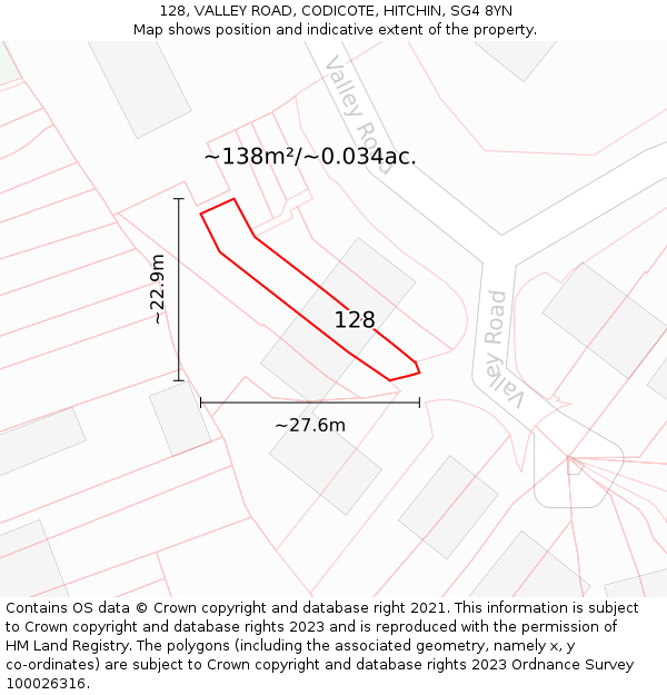 128, VALLEY ROAD, CODICOTE, HITCHIN, SG4 8YN: Plot and title map