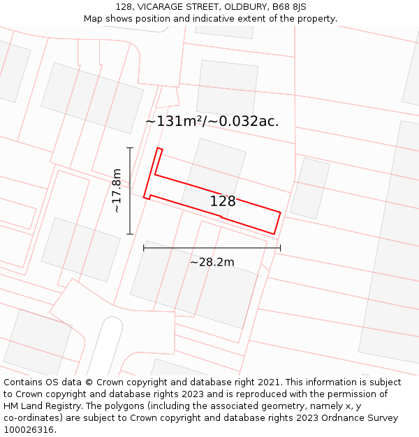 128, VICARAGE STREET, OLDBURY, B68 8JS: Plot and title map