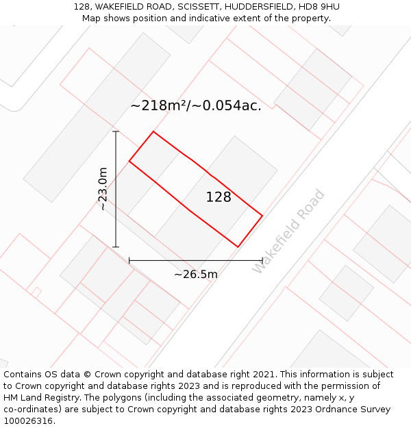 128, WAKEFIELD ROAD, SCISSETT, HUDDERSFIELD, HD8 9HU: Plot and title map