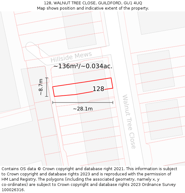 128, WALNUT TREE CLOSE, GUILDFORD, GU1 4UQ: Plot and title map
