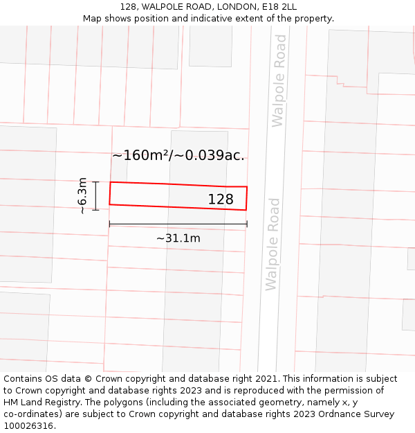 128, WALPOLE ROAD, LONDON, E18 2LL: Plot and title map