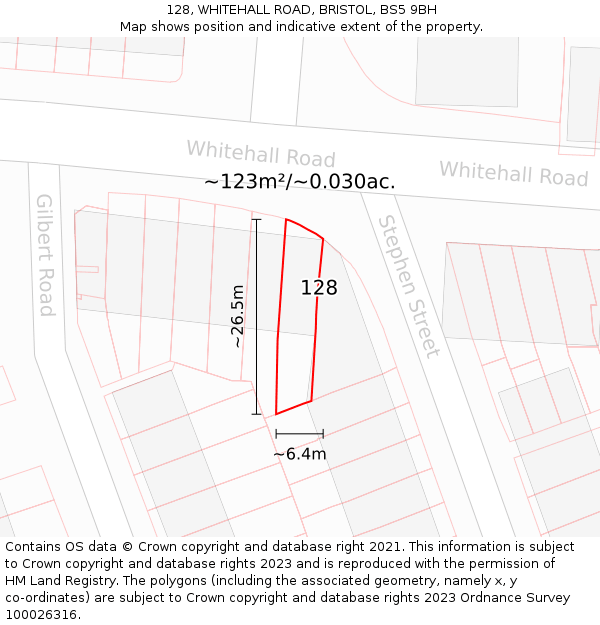 128, WHITEHALL ROAD, BRISTOL, BS5 9BH: Plot and title map