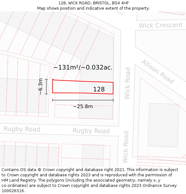 128, WICK ROAD, BRISTOL, BS4 4HF: Plot and title map