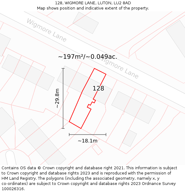 128, WIGMORE LANE, LUTON, LU2 8AD: Plot and title map