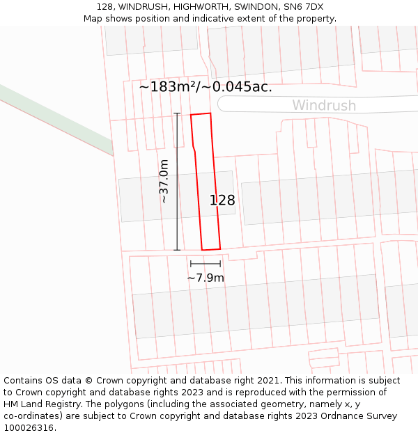128, WINDRUSH, HIGHWORTH, SWINDON, SN6 7DX: Plot and title map