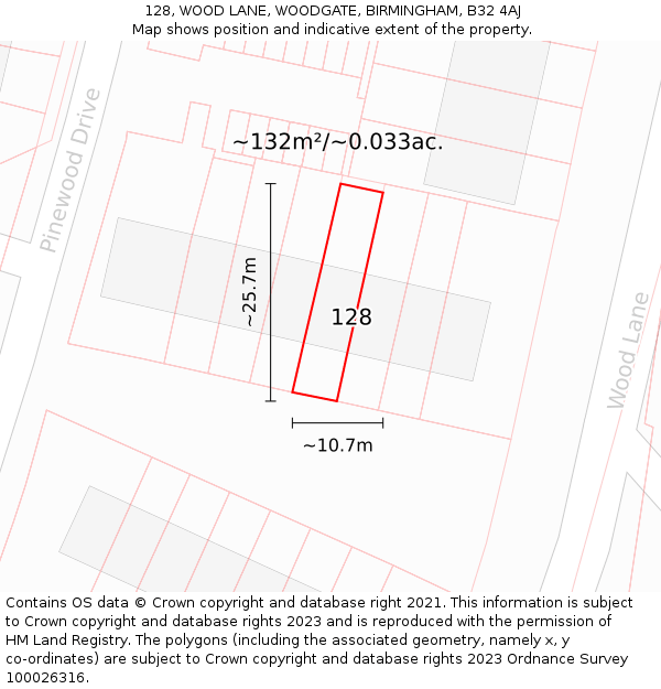 128, WOOD LANE, WOODGATE, BIRMINGHAM, B32 4AJ: Plot and title map