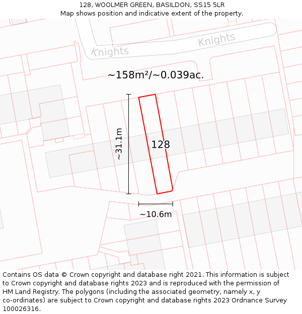 128, WOOLMER GREEN, BASILDON, SS15 5LR: Plot and title map