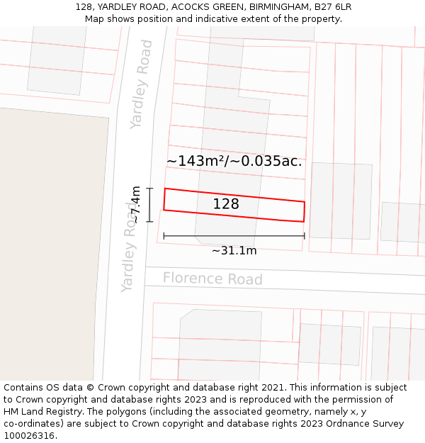 128, YARDLEY ROAD, ACOCKS GREEN, BIRMINGHAM, B27 6LR: Plot and title map