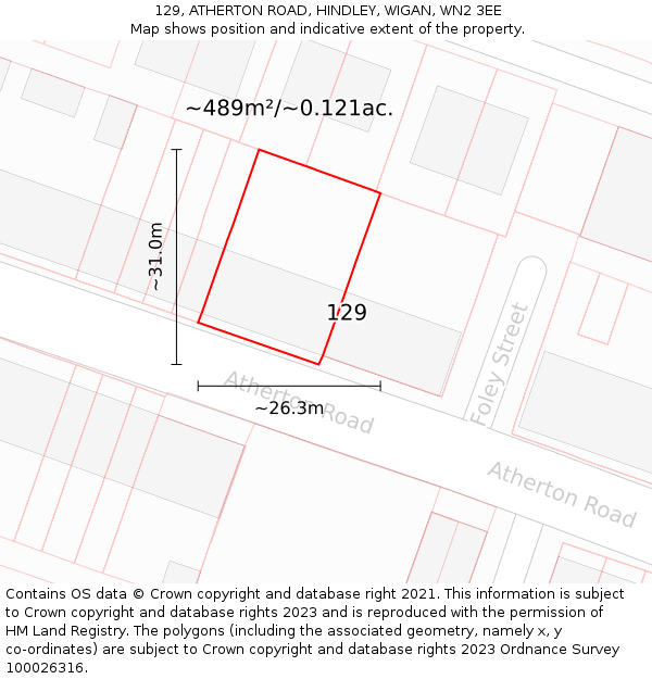129, ATHERTON ROAD, HINDLEY, WIGAN, WN2 3EE: Plot and title map