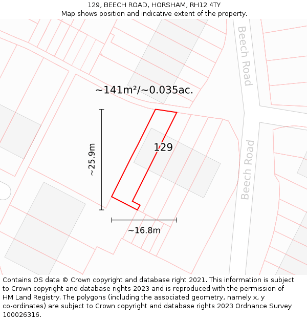 129, BEECH ROAD, HORSHAM, RH12 4TY: Plot and title map