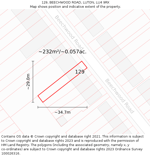 129, BEECHWOOD ROAD, LUTON, LU4 9RX: Plot and title map