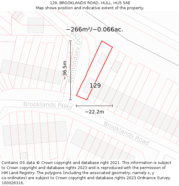 129, BROOKLANDS ROAD, HULL, HU5 5AE: Plot and title map