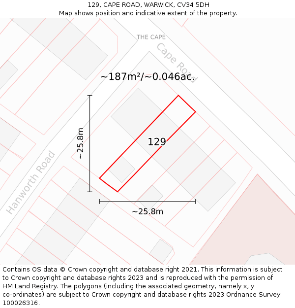 129, CAPE ROAD, WARWICK, CV34 5DH: Plot and title map