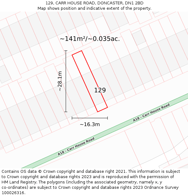 129, CARR HOUSE ROAD, DONCASTER, DN1 2BD: Plot and title map