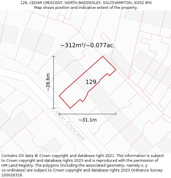 129, CEDAR CRESCENT, NORTH BADDESLEY, SOUTHAMPTON, SO52 9FX: Plot and title map