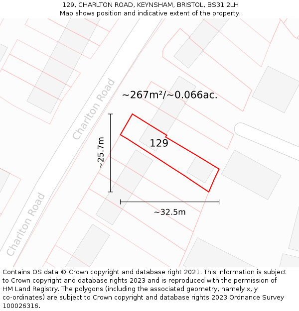 129, CHARLTON ROAD, KEYNSHAM, BRISTOL, BS31 2LH: Plot and title map
