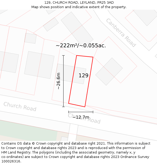 129, CHURCH ROAD, LEYLAND, PR25 3AD: Plot and title map