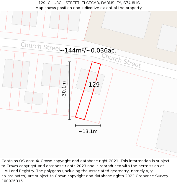 129, CHURCH STREET, ELSECAR, BARNSLEY, S74 8HS: Plot and title map