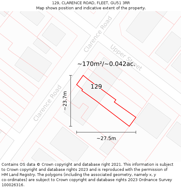 129, CLARENCE ROAD, FLEET, GU51 3RR: Plot and title map