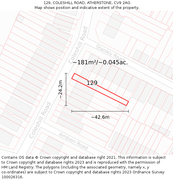129, COLESHILL ROAD, ATHERSTONE, CV9 2AG: Plot and title map