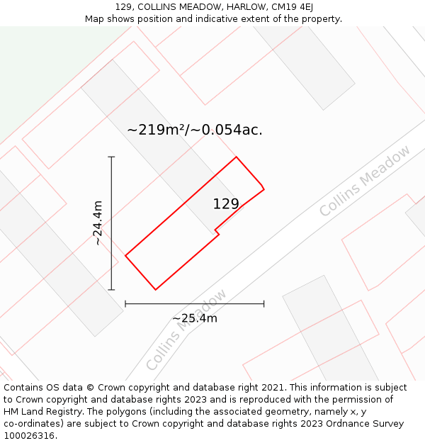 129, COLLINS MEADOW, HARLOW, CM19 4EJ: Plot and title map