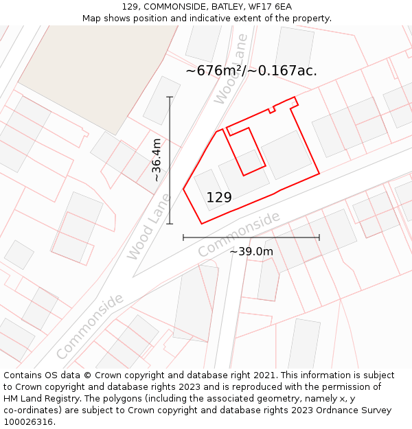 129, COMMONSIDE, BATLEY, WF17 6EA: Plot and title map