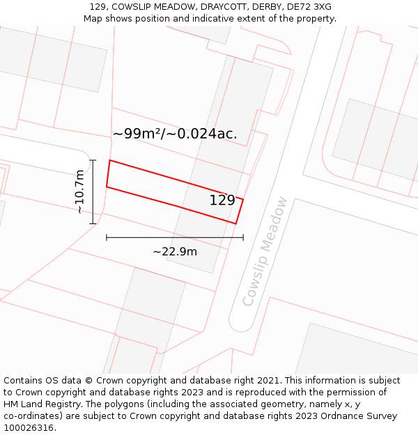 129, COWSLIP MEADOW, DRAYCOTT, DERBY, DE72 3XG: Plot and title map